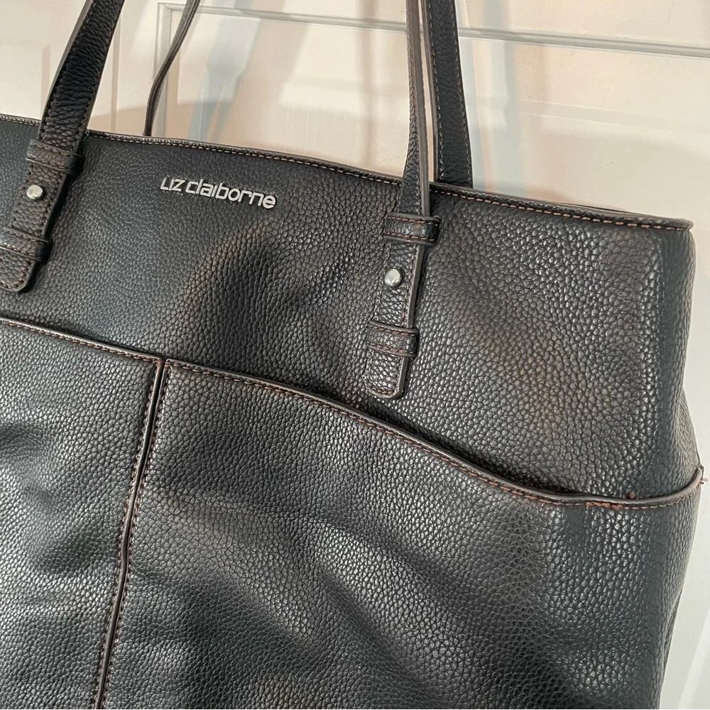 Liz Claiborne Black Faux Leather Shoulder Bag Laptop Office Work Large Tote